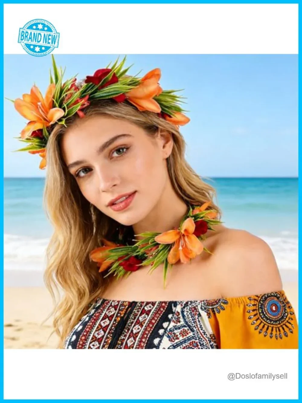 Tropical Hawaiian Flower Crown Adjustable Ribbon Lei Headband Luau Party Hair